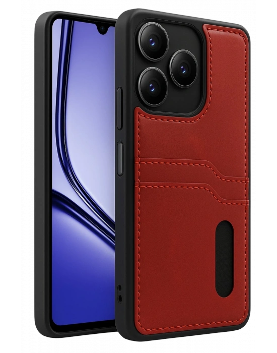 Newface Realme Note 50 4G Kılıf Sara Kartvizitli Deri Kılıf - Kırmızı