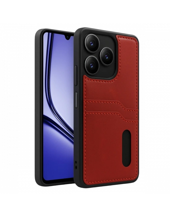 Newface Realme Note 50 4G Kılıf Sara Kartvizitli Deri Kılıf - Kırmızı