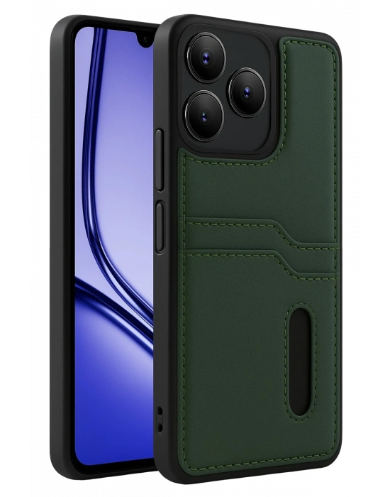 Newface Realme Note 50 4G Kılıf Sara Kartvizitli Deri Kılıf - Koyu Yeşil