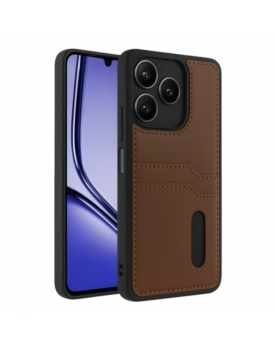 Newface Realme Note 50 4G Kılıf Sara Kartvizitli Deri Kılıf - Taba