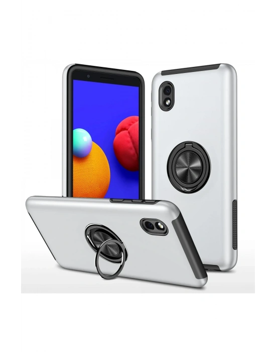 Newface Samsung Galaxy A01 Core Kılıf Elit Yüzüklü Kapak - Gümüş
