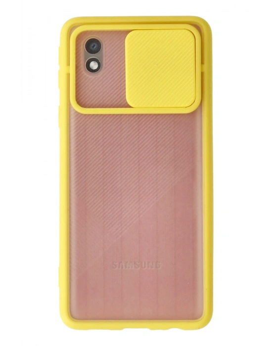 Newface Samsung Galaxy A01 Core Kılıf Palm Buzlu Kamera Sürgülü Silikon - Sarı