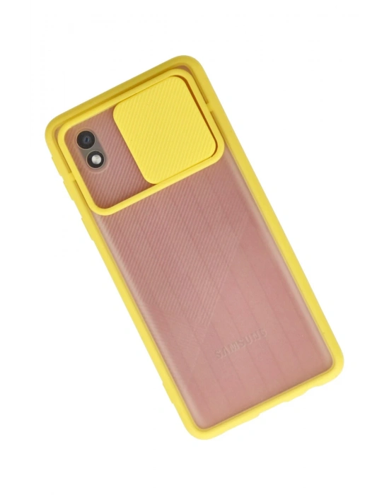 Newface Samsung Galaxy A01 Core Kılıf Palm Buzlu Kamera Sürgülü Silikon - Sarı