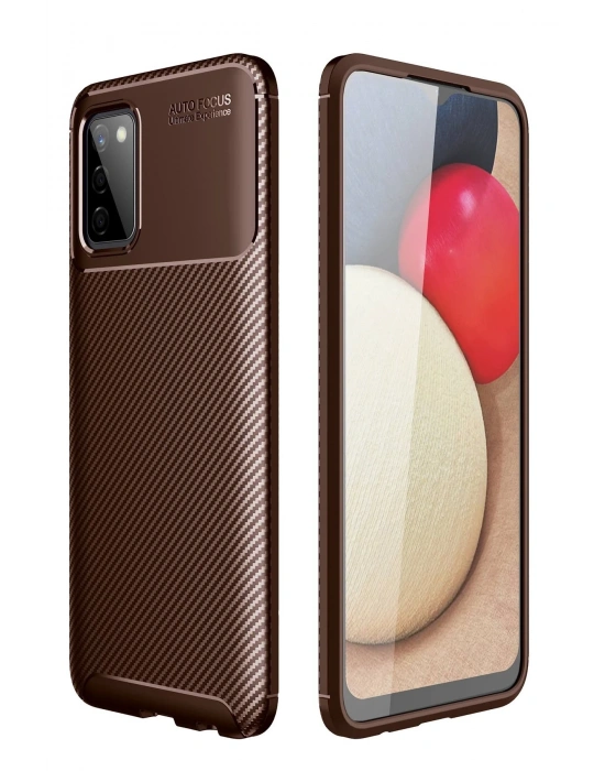 Newface Samsung Galaxy A02S Kılıf Auto Focus Karbon Kapak - Kahverengi