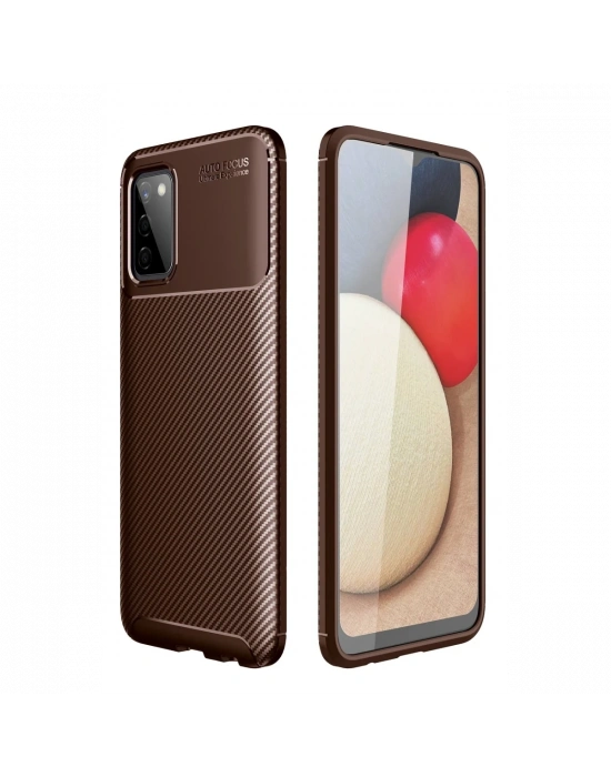 Newface Samsung Galaxy A02S Kılıf Auto Focus Karbon Kapak - Kahverengi