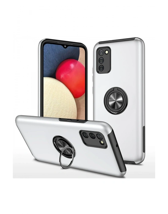 Newface Samsung Galaxy A02S Kılıf Elit Yüzüklü Kapak - Gümüş