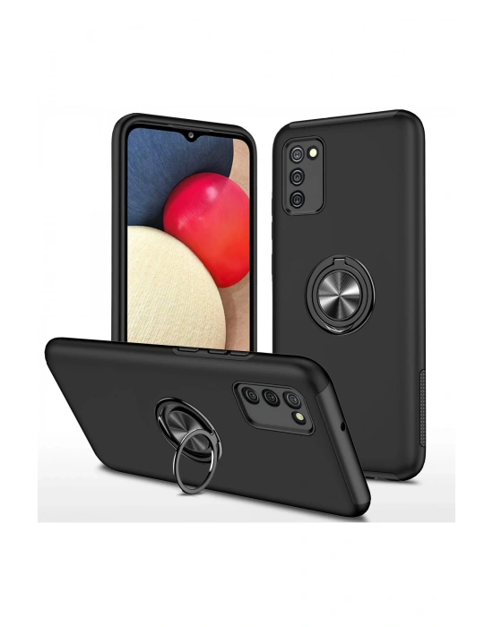 Newface Samsung Galaxy A02S Kılıf Elit Yüzüklü Kapak - Siyah