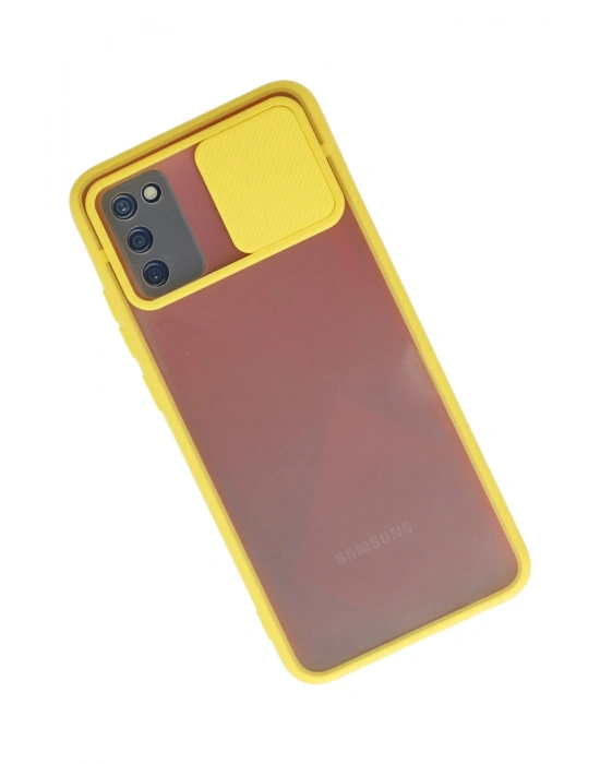 Newface Samsung Galaxy A02S Kılıf Palm Buzlu Kamera Sürgülü Silikon - Sarı