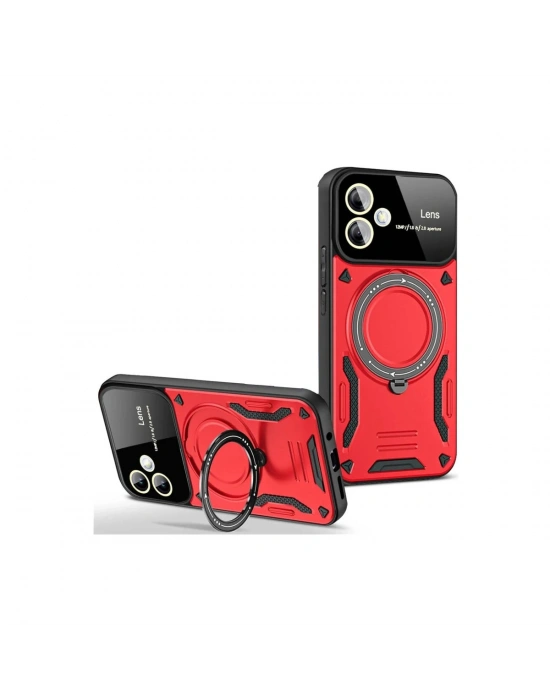 Newface Samsung Galaxy A06 Kılıf Joy Lens Standlı Kapak - Kırmızı