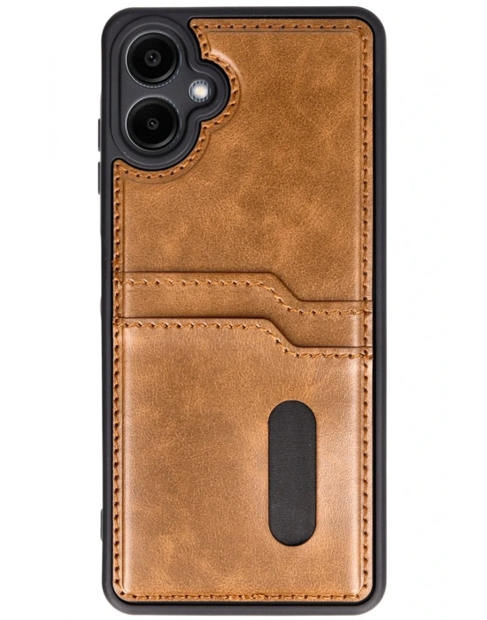 Newface Samsung Galaxy A06 Kılıf Sara Kartvizitli Deri Kılıf - Taba