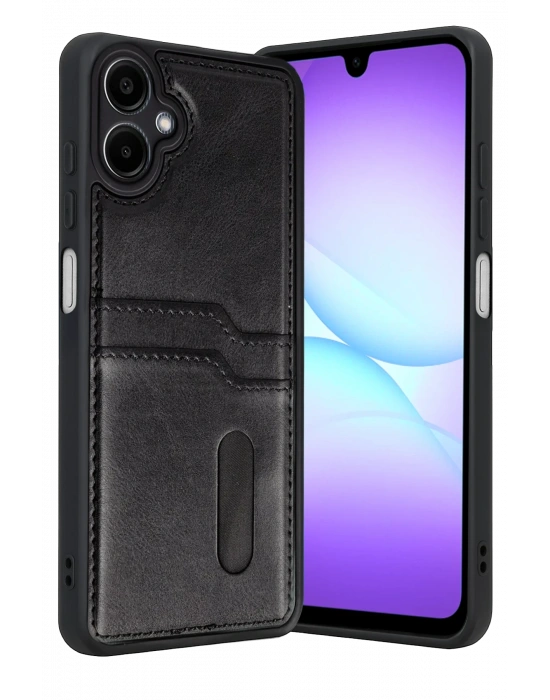 Newface Samsung Galaxy A07 4G Sara Kartvizitli Deri Kılıf - Siyah