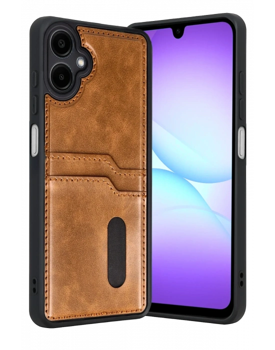 Newface Samsung Galaxy A07 4G Sara Kartvizitli Deri Kılıf - Taba