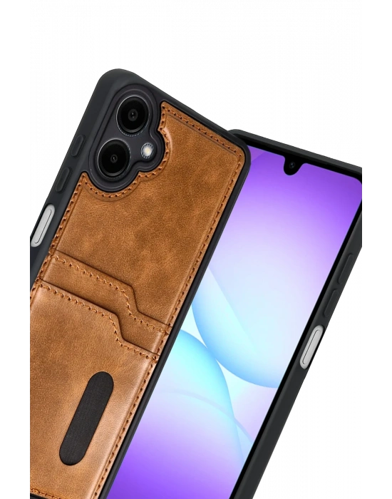 Newface Samsung Galaxy A07 4G Sara Kartvizitli Deri Kılıf - Taba