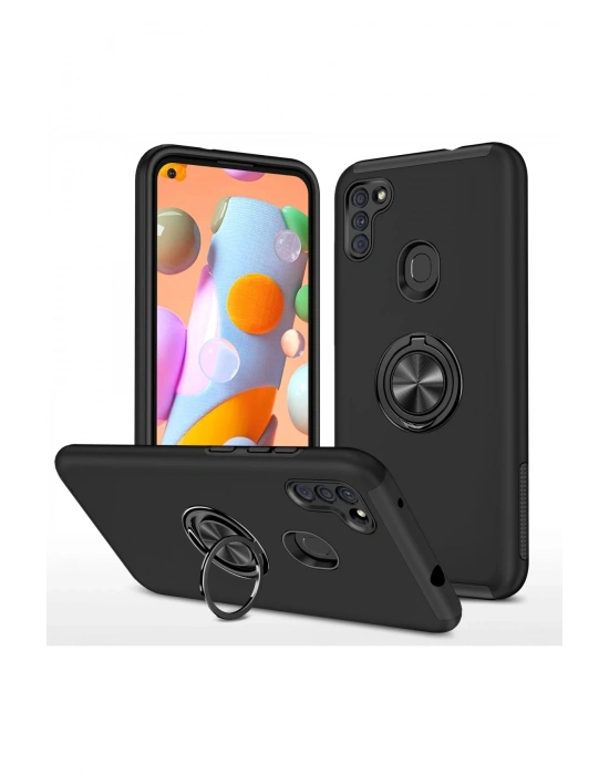 Newface Samsung Galaxy A11 Kılıf Elit Yüzüklü Kapak - Siyah