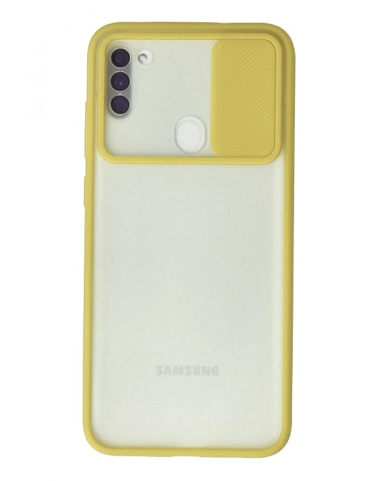 Newface Samsung Galaxy A11 Kılıf Palm Buzlu Kamera Sürgülü Silikon - Sarı