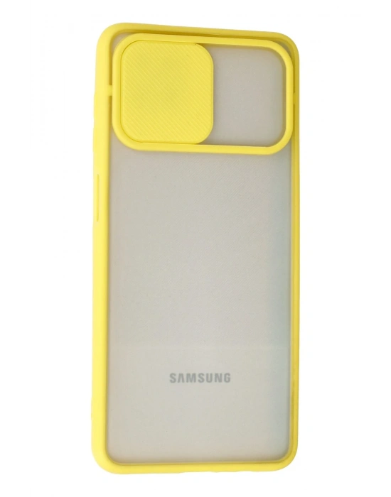 Newface Samsung Galaxy A12 Kılıf Palm Buzlu Kamera Sürgülü Silikon - Sarı