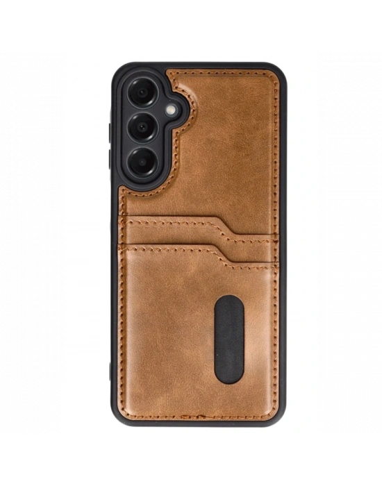 Newface Samsung Galaxy A15 4G Kılıf Sara Kartvizitli Deri Kılıf - Taba