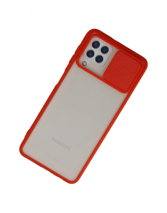 Newface Samsung Galaxy A22 Kılıf Palm Buzlu Kamera Sürgülü Silikon - Kırmızı