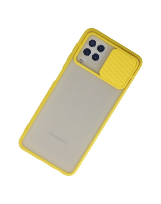 Newface Samsung Galaxy A22 Kılıf Palm Buzlu Kamera Sürgülü Silikon - Sarı