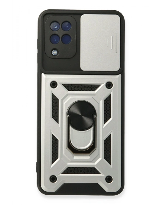 Newface Samsung Galaxy A22 Kılıf Pars Lens Yüzüklü Silikon - Gümüş