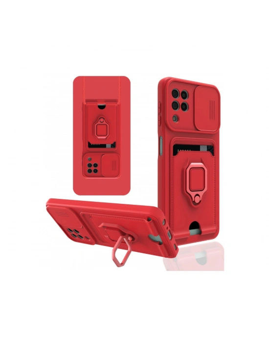 Newface Samsung Galaxy A22 Kılıf Zuma Kartvizitli Yüzüklü Silikon - Kırmızı