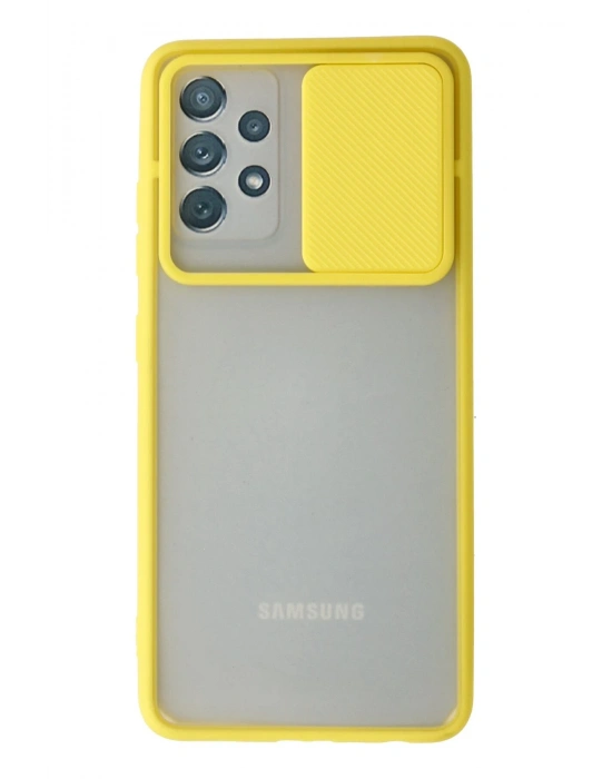 Newface Samsung Galaxy A72 Kılıf Palm Buzlu Kamera Sürgülü Silikon - Sarı