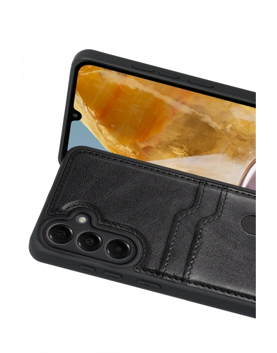 Newface Samsung Galaxy M15 Sara Kartvizitli Deri Kılıf - Siyah