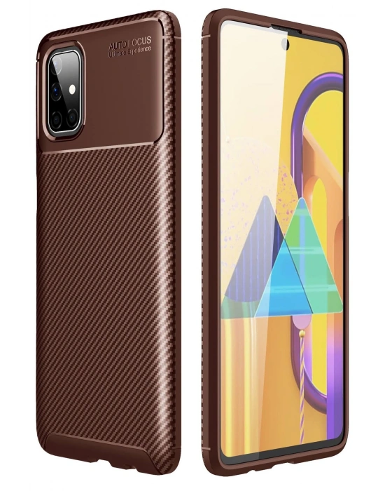 Newface Samsung Galaxy M51 Kılıf Auto Focus Karbon Kapak - Kahverengi