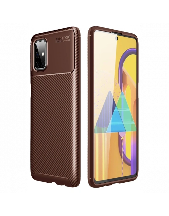 Newface Samsung Galaxy M51 Kılıf Auto Focus Karbon Kapak - Kahverengi