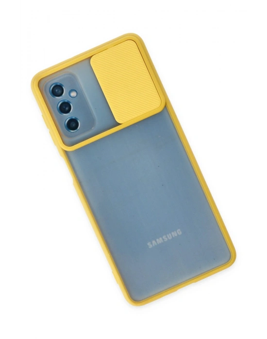 Newface Samsung Galaxy M52 5G Kılıf Palm Buzlu Kamera Sürgülü Silikon - Sarı