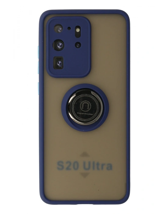 Newface Samsung Galaxy S20 Ultra Kılıf Montreal Yüzüklü Silikon Kapak - Lacivert