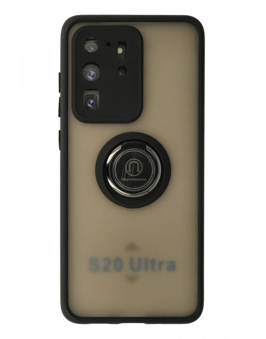 Newface Samsung Galaxy S20 Ultra Kılıf Montreal Yüzüklü Silikon Kapak - Siyah