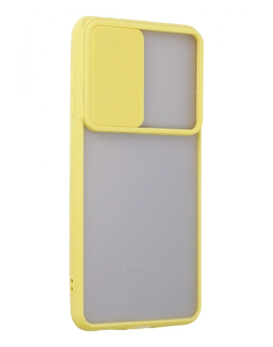 Newface Samsung Galaxy S21 FE Kılıf Palm Buzlu Kamera Sürgülü Silikon - Sarı