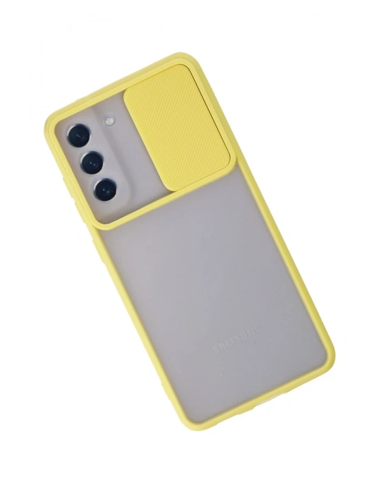 Newface Samsung Galaxy S21 FE Kılıf Palm Buzlu Kamera Sürgülü Silikon - Sarı