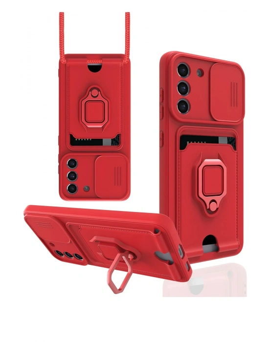 Newface Samsung Galaxy S21 FE Kılıf Zuma Kartvizitli Yüzüklü Silikon - Kırmızı