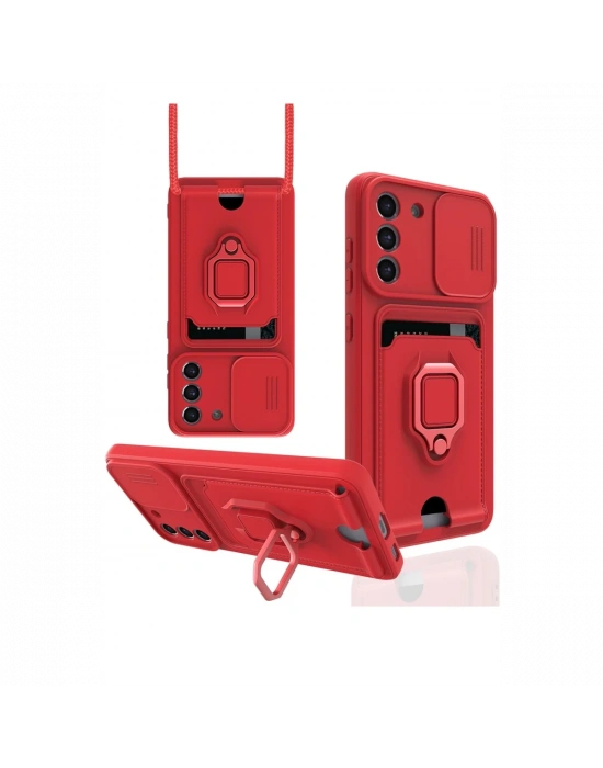 Newface Samsung Galaxy S21 FE Kılıf Zuma Kartvizitli Yüzüklü Silikon - Kırmızı