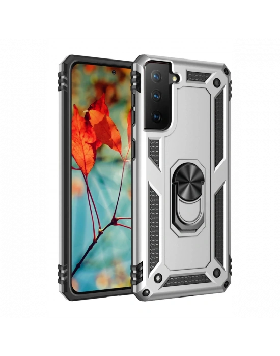 Newface Samsung Galaxy S21 Kılıf Sofya Yüzüklü Silikon Kapak - Gümüş