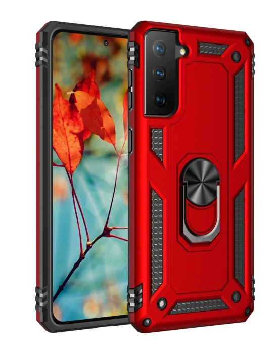 Newface Samsung Galaxy S21 Kılıf Sofya Yüzüklü Silikon Kapak - Kırmızı