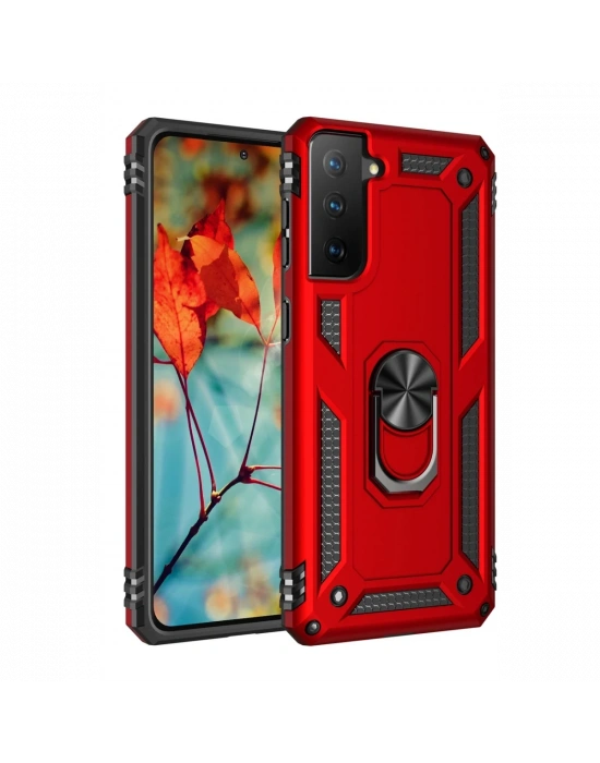 Newface Samsung Galaxy S21 Kılıf Sofya Yüzüklü Silikon Kapak - Kırmızı