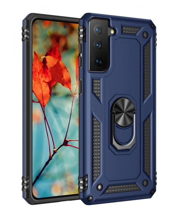 Newface Samsung Galaxy S21 Kılıf Sofya Yüzüklü Silikon Kapak - Lacivert