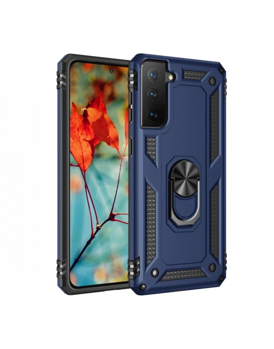 Newface Samsung Galaxy S21 Kılıf Sofya Yüzüklü Silikon Kapak - Lacivert