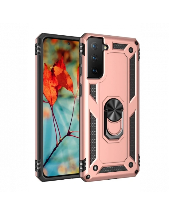 Newface Samsung Galaxy S21 Kılıf Sofya Yüzüklü Silikon Kapak - Rose