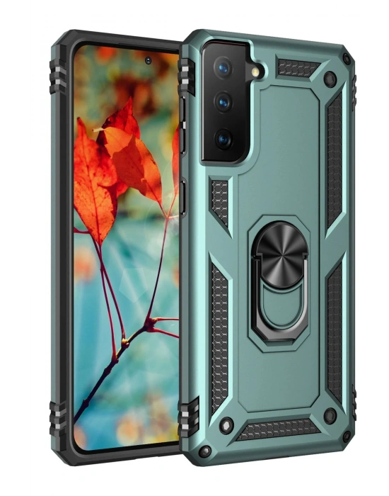 Newface Samsung Galaxy S21 Kılıf Sofya Yüzüklü Silikon Kapak - Yeşil