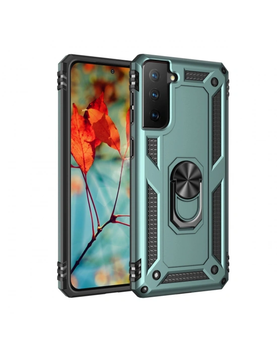 Newface Samsung Galaxy S21 Kılıf Sofya Yüzüklü Silikon Kapak - Yeşil