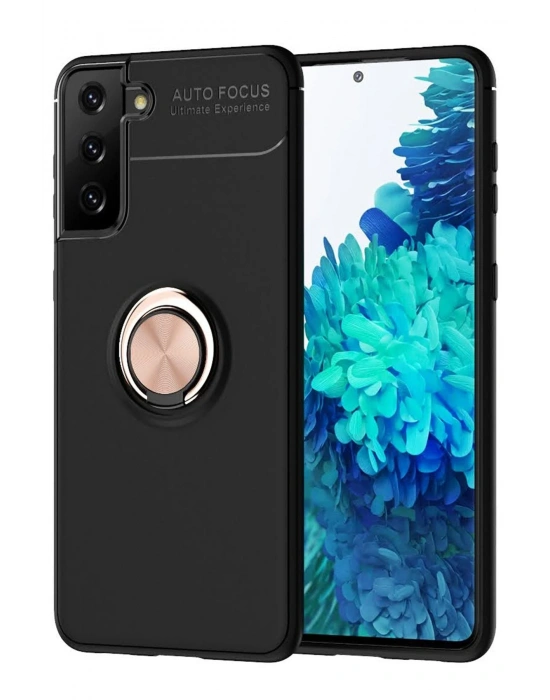 Newface Samsung Galaxy S21 Plus Kılıf Range Yüzüklü Silikon - Siyah-Gold