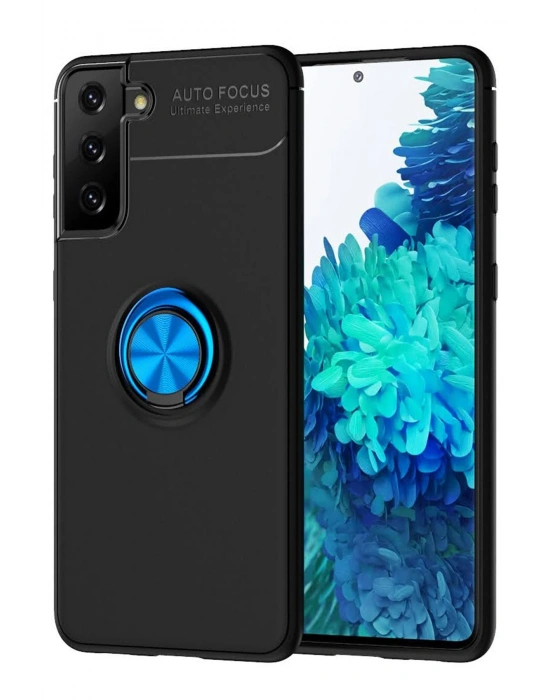 Newface Samsung Galaxy S21 Plus Kılıf Range Yüzüklü Silikon - Siyah-Mavi