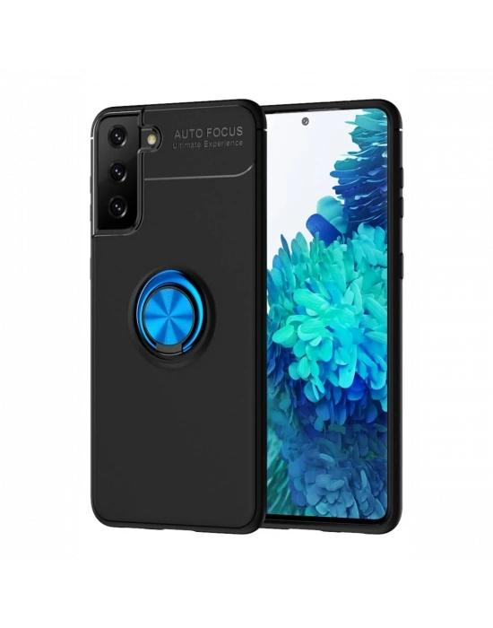 Newface Samsung Galaxy S21 Plus Kılıf Range Yüzüklü Silikon - Siyah-Mavi