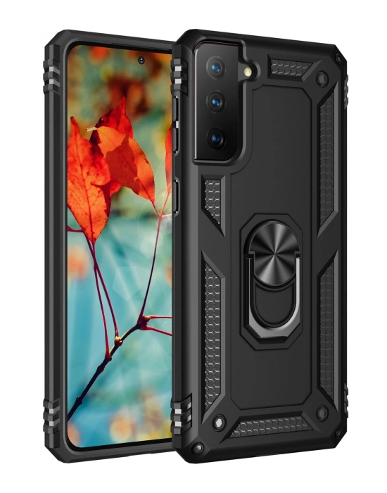 Newface Samsung Galaxy S21 Plus Kılıf Sofya Yüzüklü Silikon Kapak - Siyah