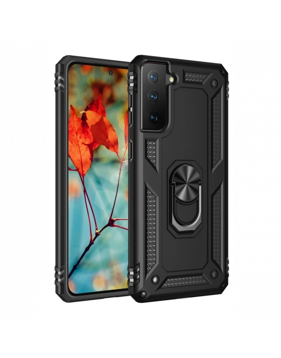 Newface Samsung Galaxy S21 Plus Kılıf Sofya Yüzüklü Silikon Kapak - Siyah