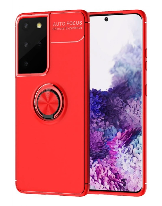 Newface Samsung Galaxy S21 Ultra Kılıf Range Yüzüklü Silikon - Kırmızı